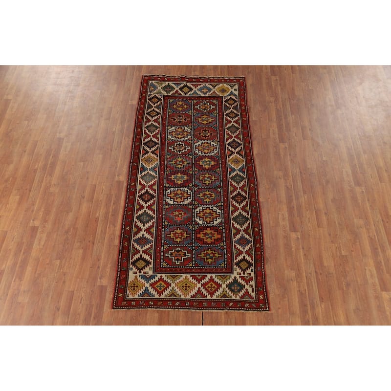 Pre-1900 Antique Kazak Vegetable Dye Runner Rug Handmade Wool Carpet - 3'11" x 8'7"