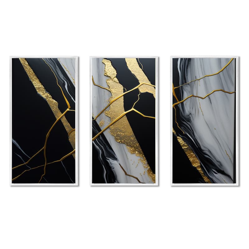 Designart "Abstract Geode Black II" Abstract Marble Framed Canvas Art Print - 3 Panels