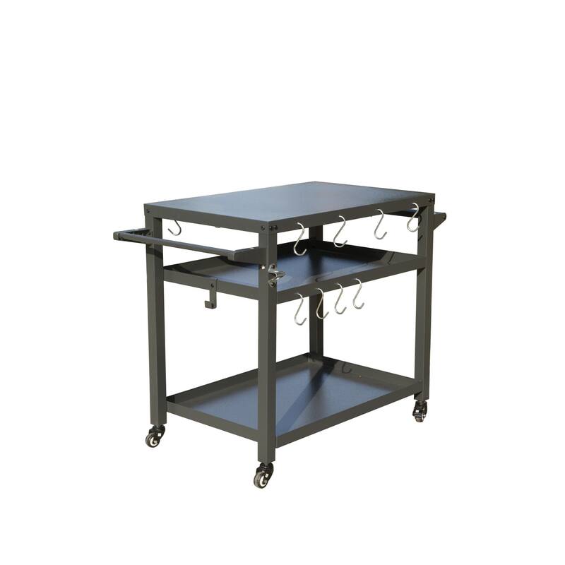 GDFStudio - Kendrick 3-Tier Outdoor Grill Table with Rolling Wheels and Multifunctional Prep Surface - Grey+Solid Shelf - Stainless Steel