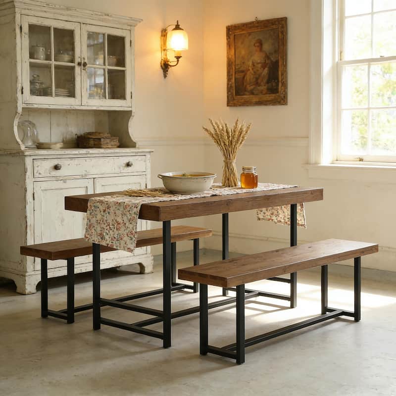 Rustic Rectangular Dining Table Set for 4 with 2 Chairs, Brown - N/A - Brown