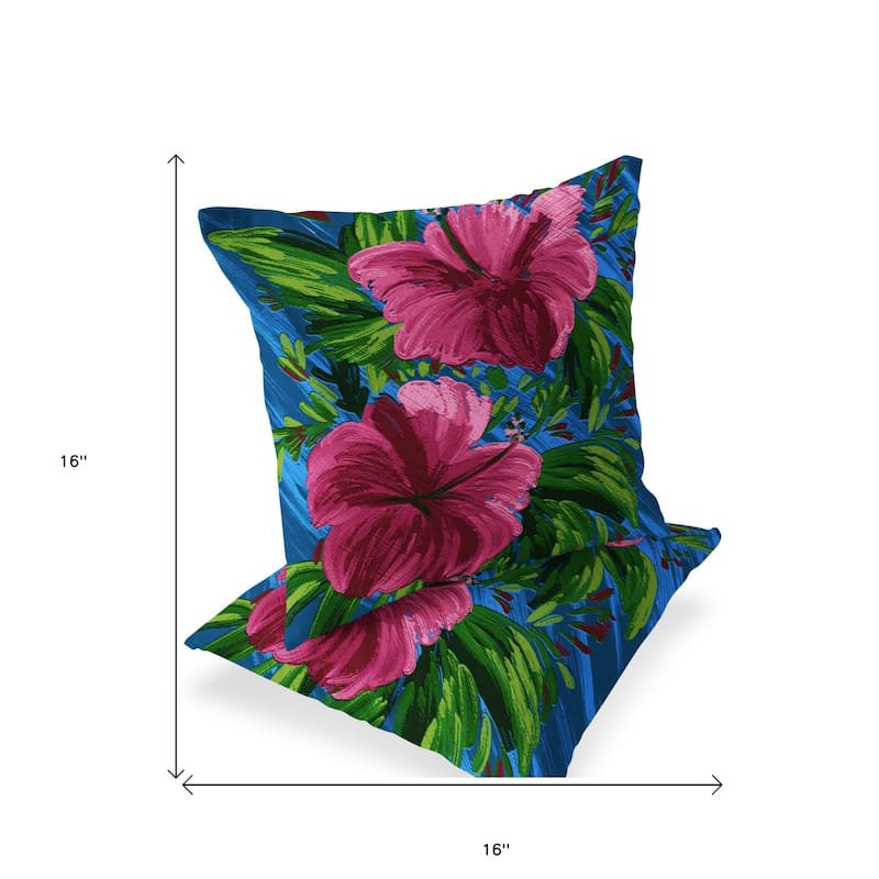 HomeRoots Set of Two 16" X 16" Blue and Pink Blown Seam Floral Indoor Outdoor Throw Pillow - 16.00' X '16.00' X '5.00