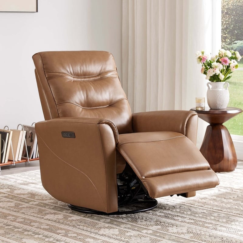 Spruce & Spring Genuine Leather Swivel Glider Recliner with Power Lumbar Support - Saddle