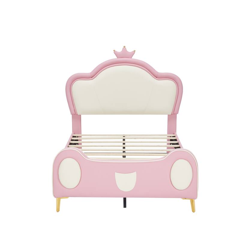 Twin Size Princess Bed with Crown Headboard, PU Upholstered Platform Bed, Bed Frame with Storage Pocket, Pink