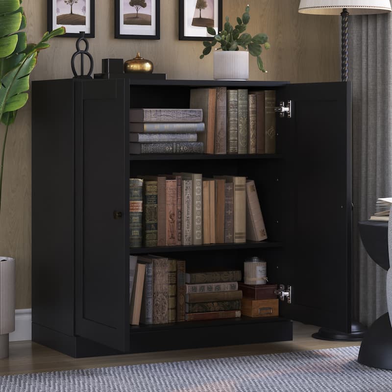 Palace Imports 100% Solid Wood 3-Shelf Bookcase with Shaker Doors and Adjustable Shelves - Black