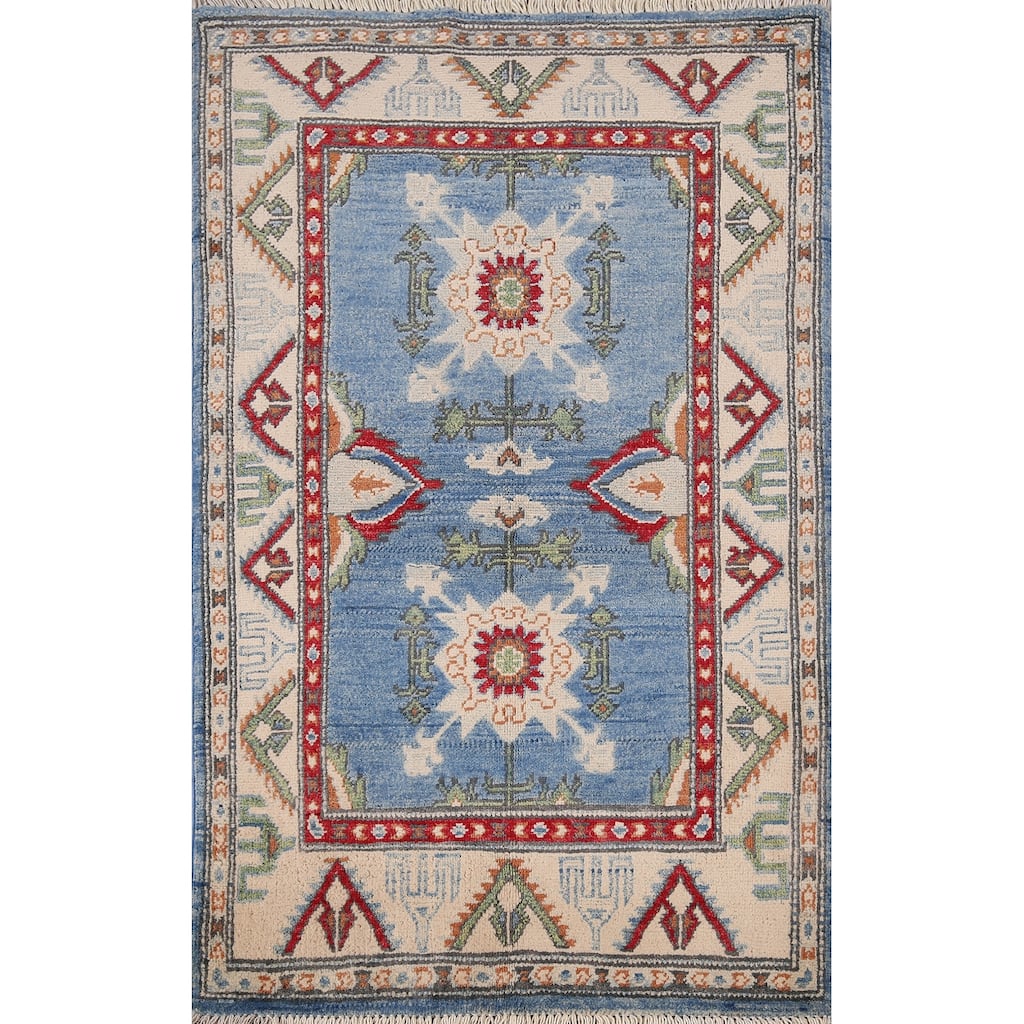 Light Blue Kazak Accent Rug Handmade Oriental Wool Carpet - 2'7" x 4'0"