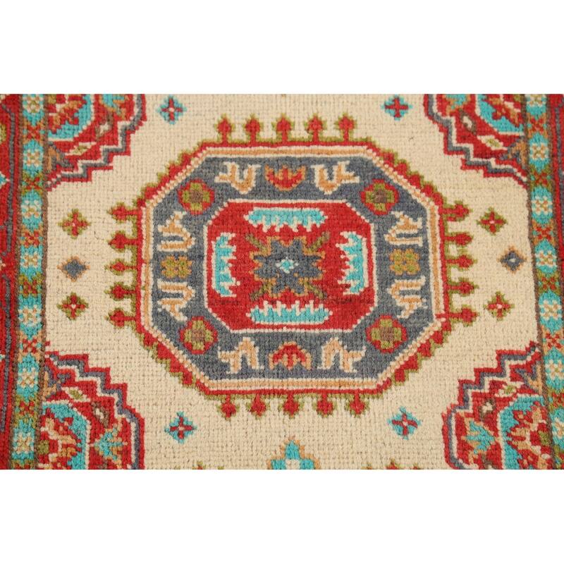 Geometric Kazak Accent Rug Hand-Knotted Beige Wool Carpet - 2'1"x 2'10"