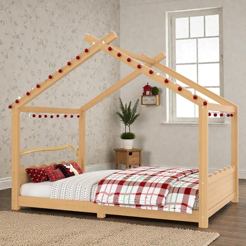 Kids Solid Wood House Floor Bed with Support Slats, Montessori Low Profile Bed, No Box Spring Needed