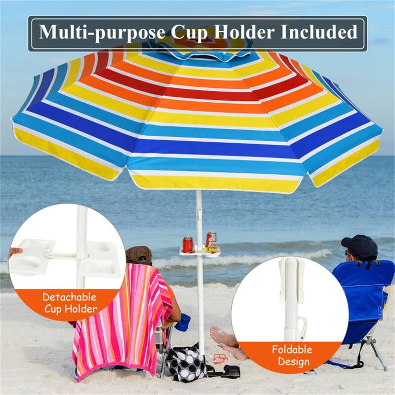 Large 7.2 ft Beach Umbrella with Adjustable Tilt and Sun Protection and Sturdy 8-Rib Frame - 7.2'Dia x 7.2'H