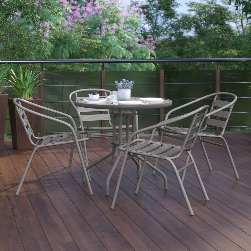 31.5" Round Glass Metal Table with 4 Metal Aluminum Slat Stack Chairs