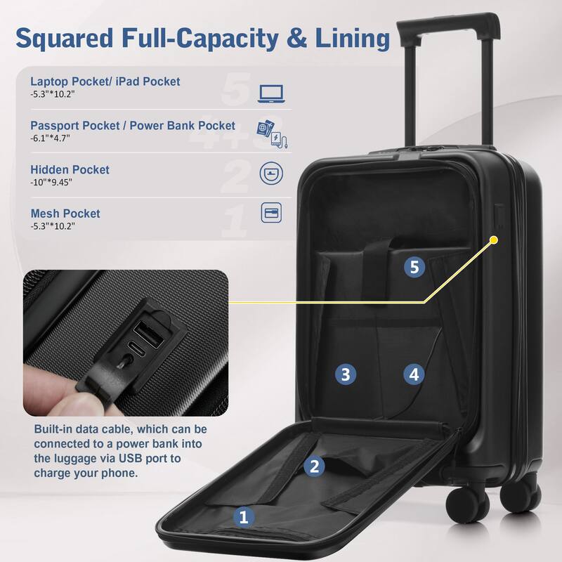 Luggage Sets 5 Piece with Front Opening, Hardside Expandable Carry On Suitcase Set with Double Spinner Wheel with USB Port