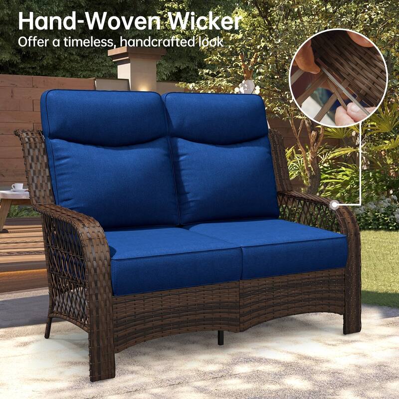 25 in. High Back Outdoor Loveseat with 5 in. Thick Cushions, 2-Seat Rattan Sofa for Porch, Wicker Loveseat Chair