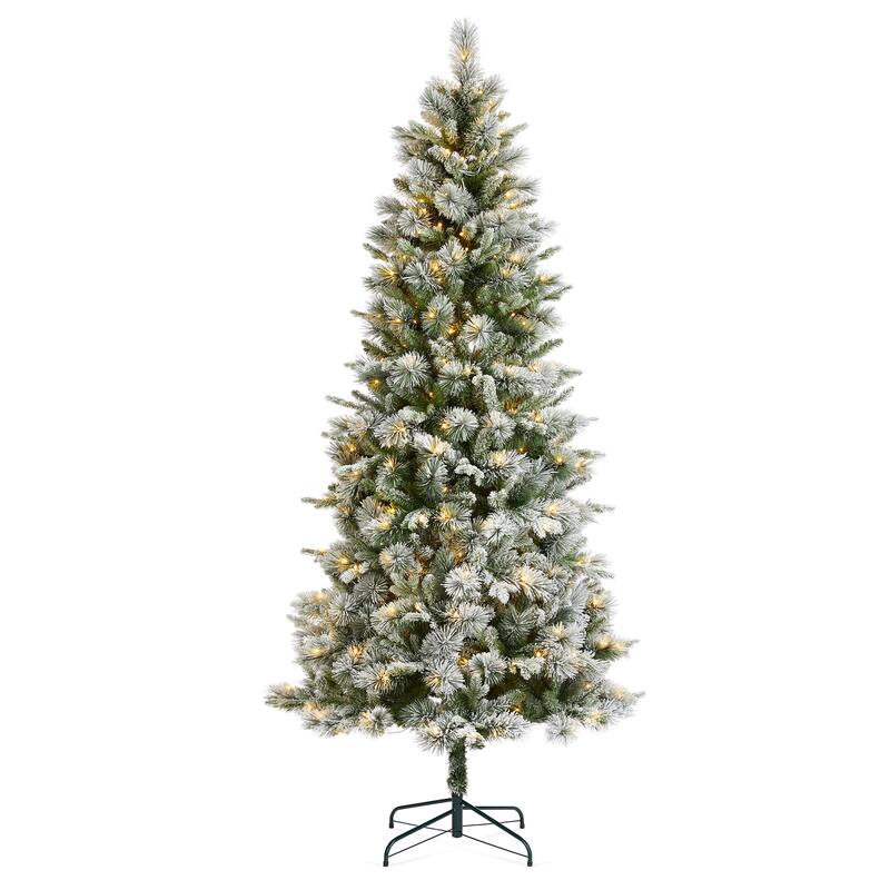 Glitzhome 7.5ft/9ft/11ft Pre-Lit Flocked Slim Pine Artificial Christmas Tree w/ Foot Pedal & Remote Control