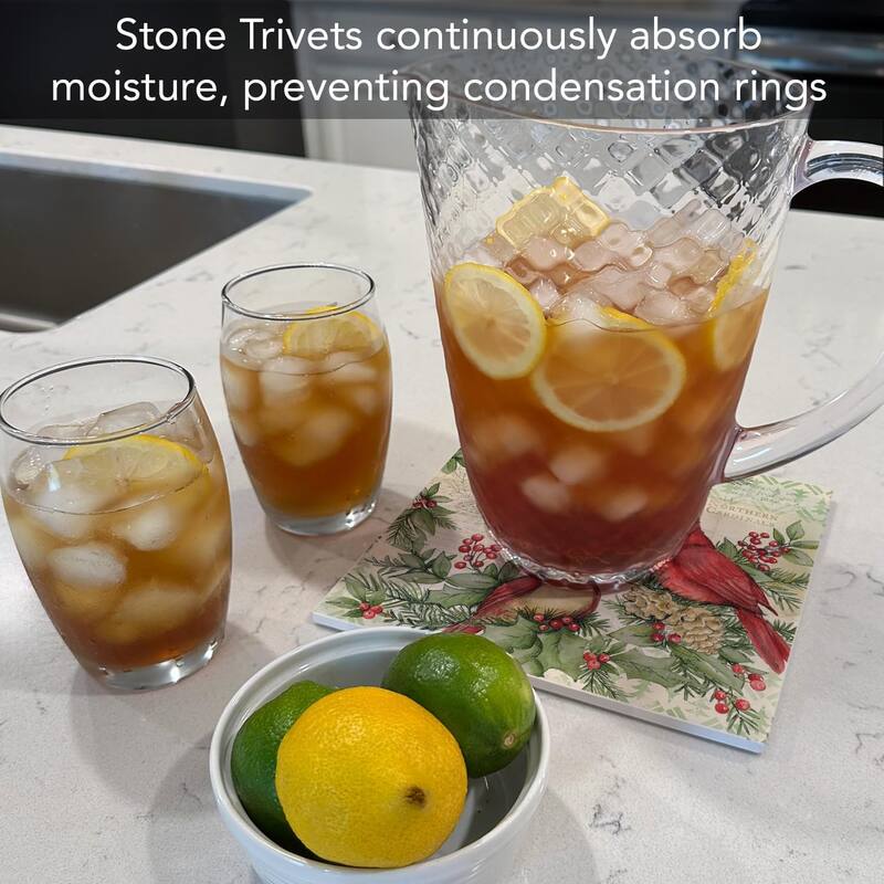 Holiday Cardinal Decorative Heat Tolerant Stone Trivet with Non-Skid Cork Backing 8” Square Artistic, Durable, Wipes Clean