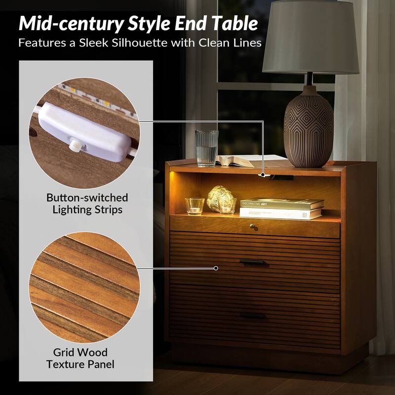 Lorenz Mid-century Modern End Table with Charge Station and LED Light Set of 2 by HULALA HOME