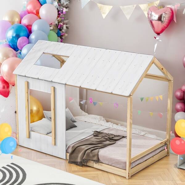 slide 2 of 18, Kids and Baby Twin Size House Platform With Roof And Window,Can Be Decorated