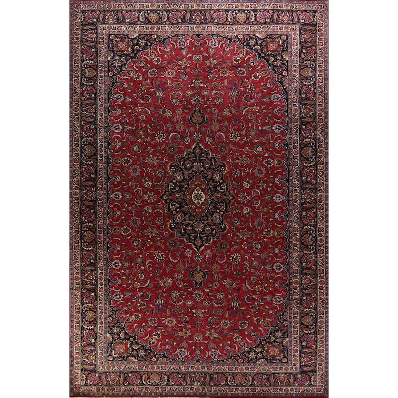 Hand Knotted Oriental 100% Wool Carpet Traditional Floral Red Mashad Area Rug - 15' 1'' X 10' 0''