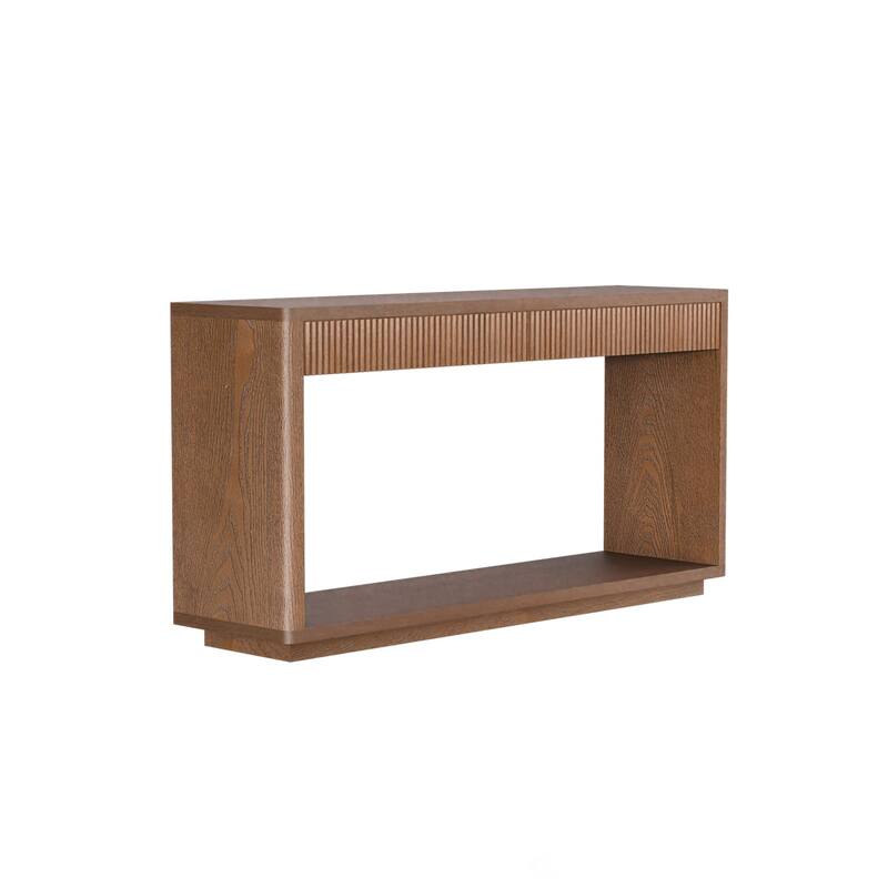 60" Modern 2-Drawer Fluted Console Table Natural Wood Veneer Sofa Table Behind Couch Table for Living Room, Hallway, Entryway