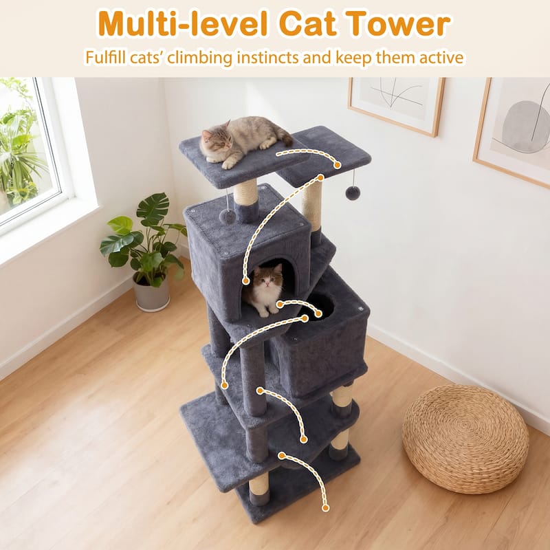 Gymax 57'' Cat Tree for Indoor Cats w/Dual Condos Hammock Sisal