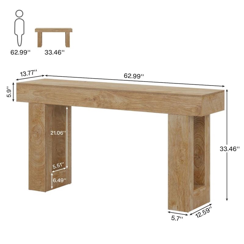 63 Inch Modern Rustic Entryway Console Table with Wood Finish and Legs for Hallway or Living Room - 63”L x 3.77”W x 33.46”H