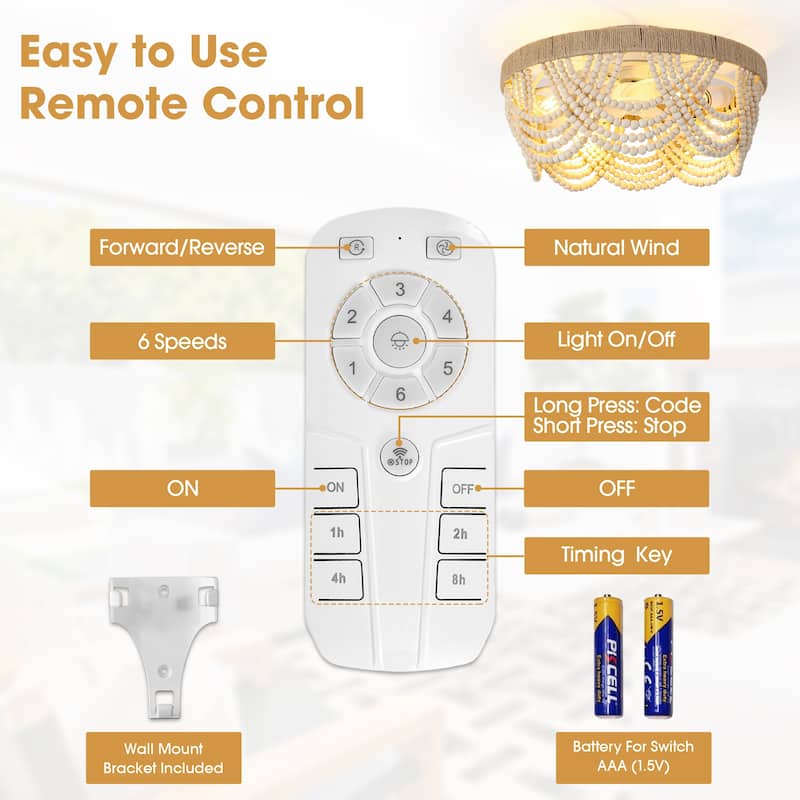 20" Smart Bohemian Wood Bead Beige Ceiling Fan with Remote and Light and APP Control - 19.7" D x 19.7" W x 10.1" H