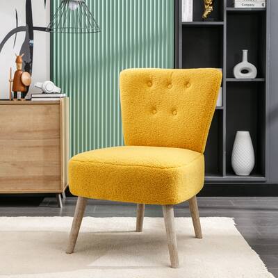 Teddy Fabric Button Accent Slipper Chair With Wooden Legs For Dining Room Living Room Bedroom,Yellow