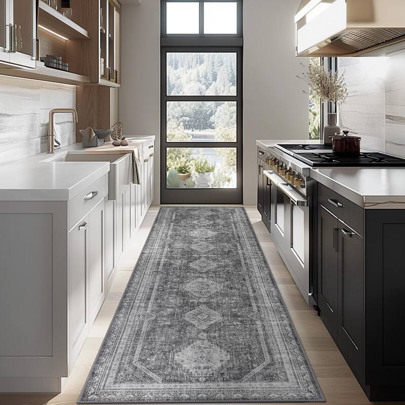 Mcow Faded Floral Vintage Low-Pile Machine Washable Non-Slip Area Rug - 2'X10' - Grey - Rectangle