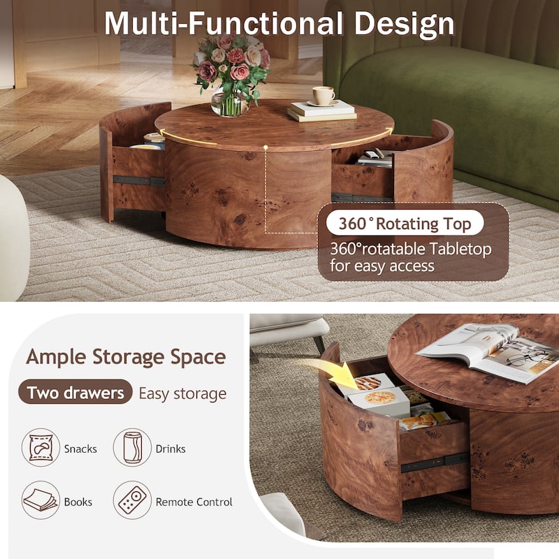 Burl Wood Rotating Coffee Table with 2 Drawers, 28.4 Inch Round Walnut Table with 360 Degree Swivel Top