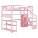 preview thumbnail 3 of 7, Full Size Pink Iron Storage Loft Bed Frame with Stair, Desk, LED Light