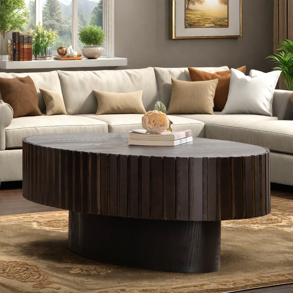 43.31" MDF Modern Coffee Table with Handcrafted Solid Wood Reliefs, Easy Assembly