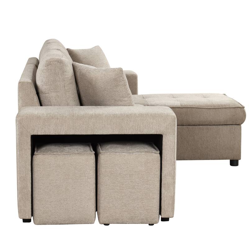 104.5" L-Shape 3 Seat Reversible Sectional Sleeper Sofa with Storage Chaise, 2 Stools, Cream Chenille for Living Room