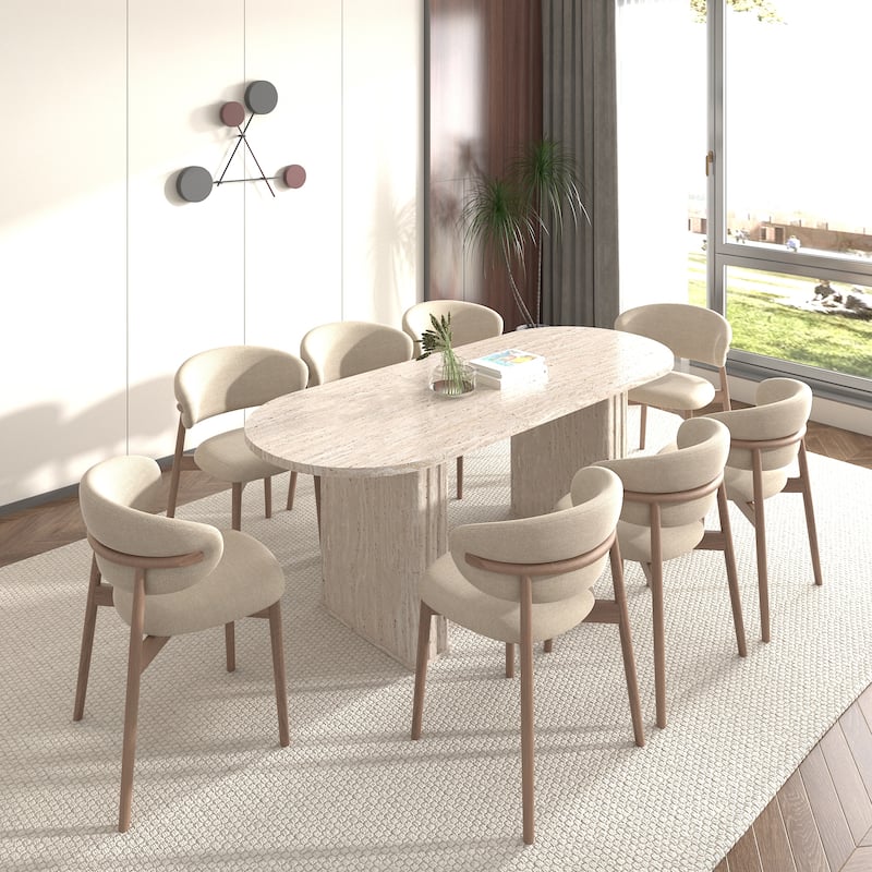 Kitchen extendable dining table for 4-8 people, oval kitchen table with wooden strip base for family living room - Beige