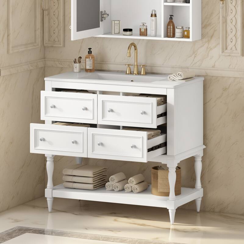 GDFStudio - Wesbridge Modern Bathroom Vanity Set with Ceramic Sink and 4 Storage Drawers - 36'W