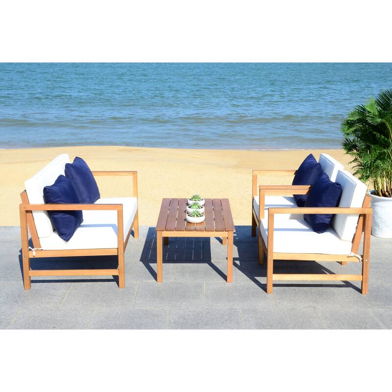 SAFAVIEH Outdoor Citlali 4-Piece Conversation Set with Accent Pillow - 50W x 29D x 29H - Natural/Beige/Navy