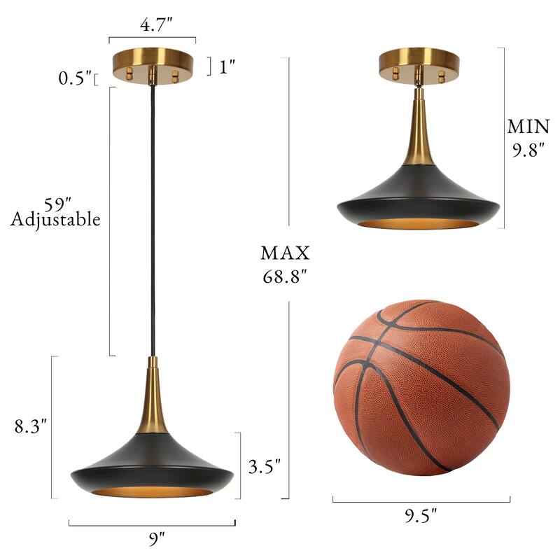 Conia Modern 1-Light Black Gold Cone Pendant Light for Kitchen Island - 9" D x 8.3" H