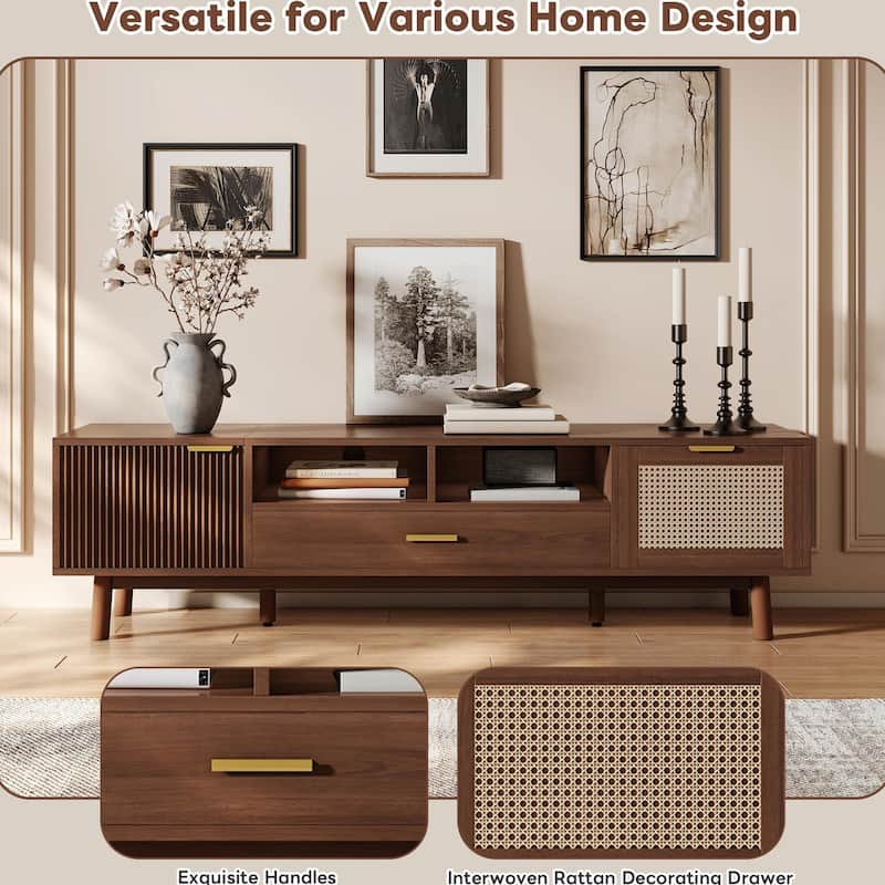75" Wood TV Stand with Soft-Close Doors & Rattan Drawers