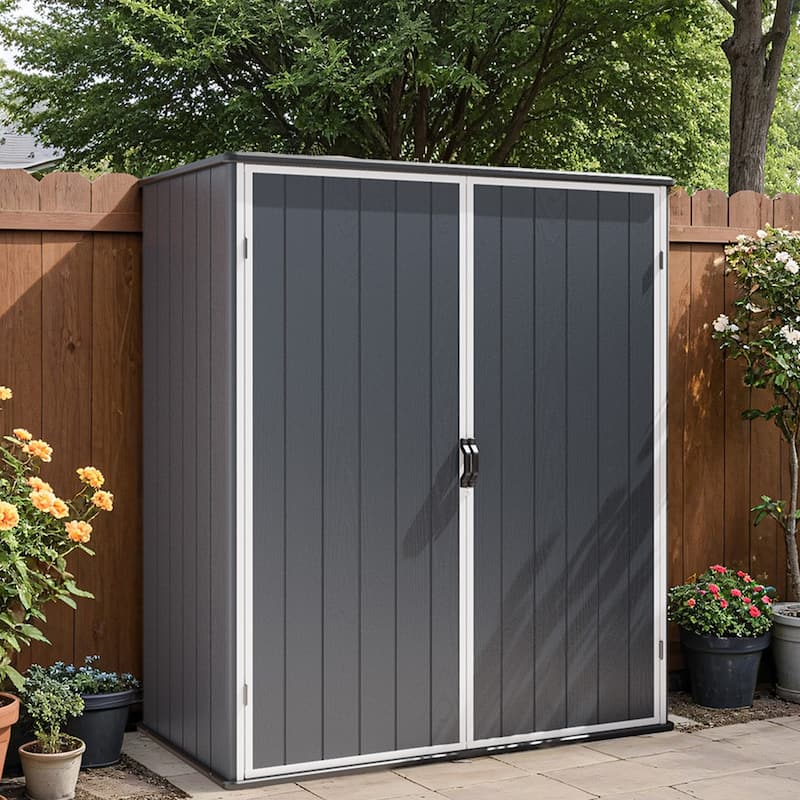 Patiowell 57.1"L x 30.3"W Plastic Vertical Storage Shed with Shelving Brackets for Patio Furniture, Pool Accessories - Grey -  5' x 3'