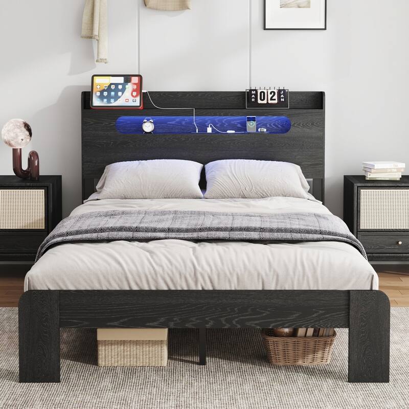 Wood Platform Bed Frame with Storage LED Light Headboard and 2 USB - King - Black