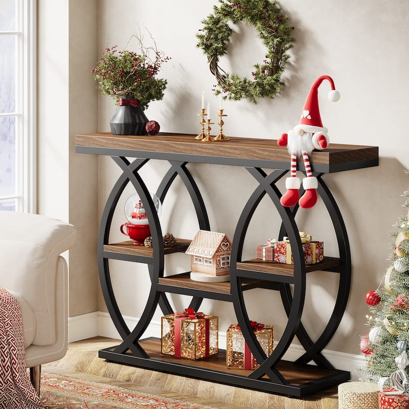 Industrial Console Table, 4-Tier Sofa Table with Geometric Metal Frame