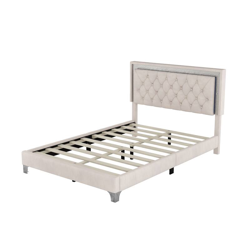 Upholstered Bed Frame with LED Lights and Tufted Headboard