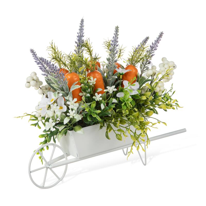 Glitzhome 12.5"L Easter Carrot Floral Wreath in Metal Wagon Centerpiece Table Decor