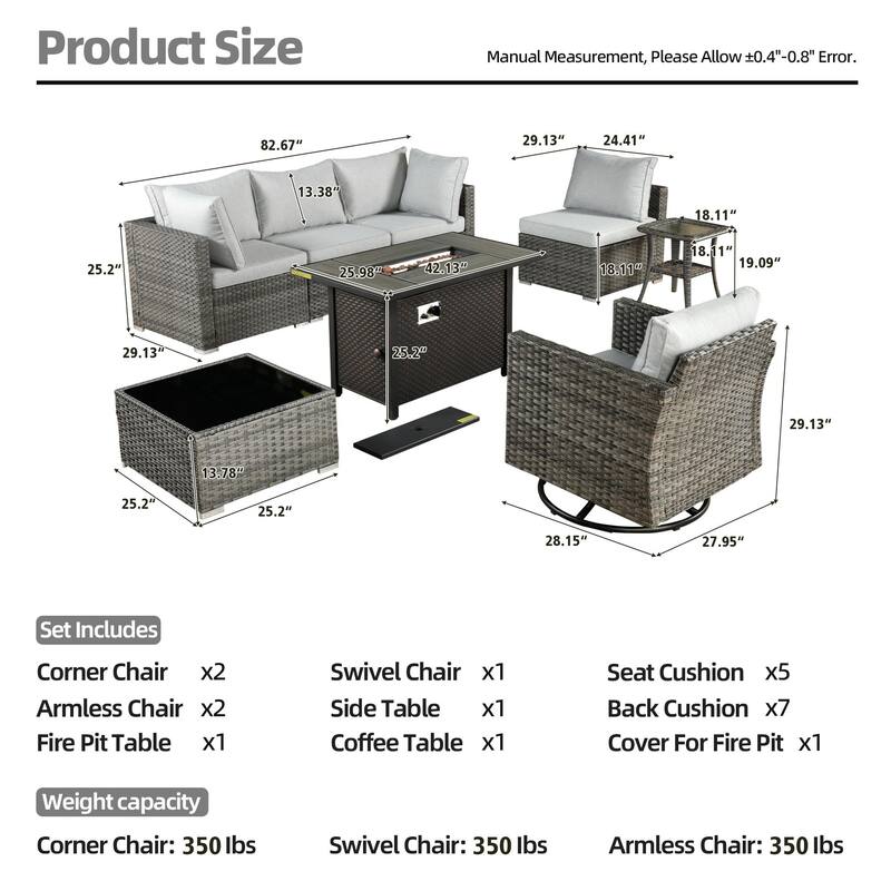 XIZZI 8-piece Patio Outdoor Wicker Furniture Swivel Chair Set with Firepit Table