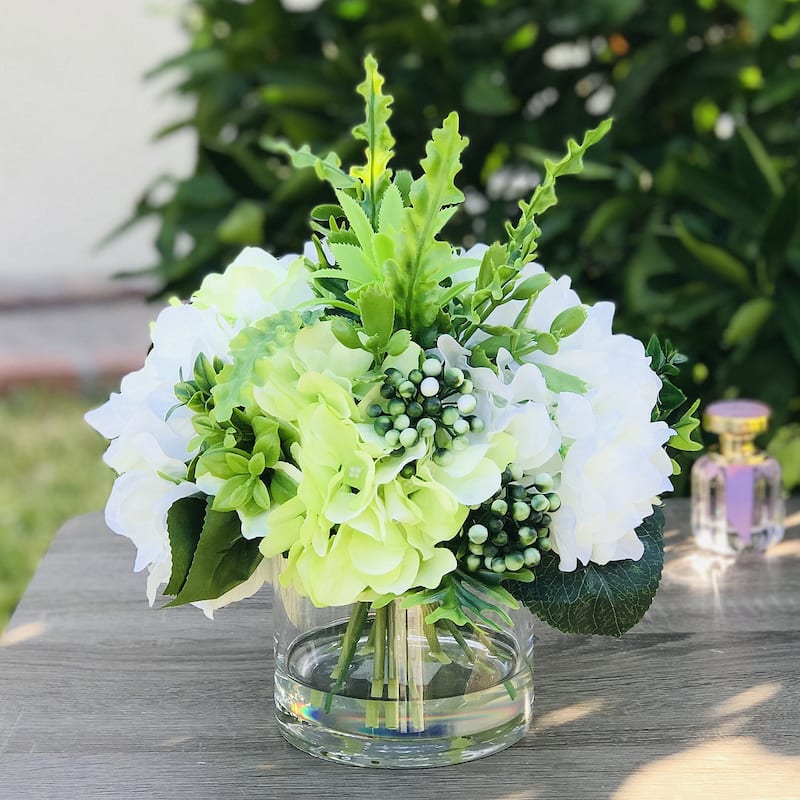 Enova Home Artificial Mixed Fake Silk Hydrangea Flowers Arrangement in Clear Glass Vase for Home Office Decoration