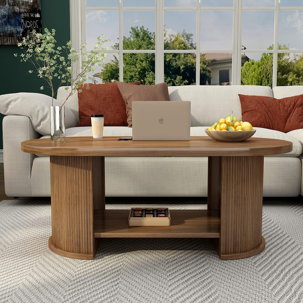 47" Farmhouse Wood Coffee Table End Table with Bottom Shelf, Walnut Side Table Sofa Table for Living Room