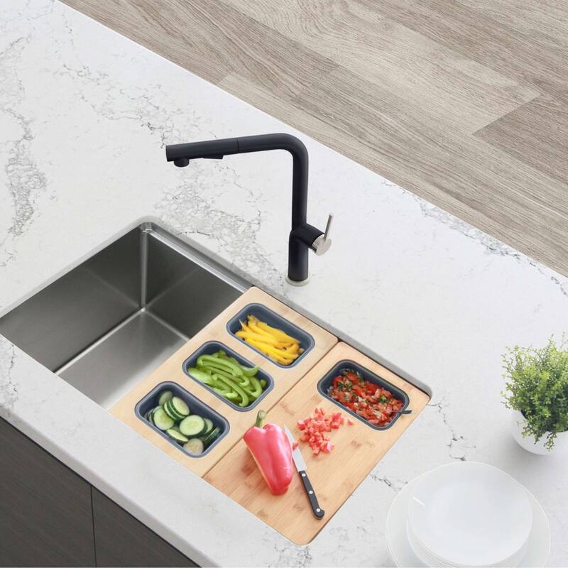 AZUNI 16.75 inch Workstation Sink Bamboo Cutting Board set with 1 Collapsible Container - 16.75" x 8.5"