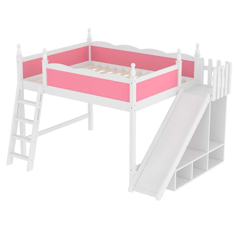 Queen Loft Bed with Storage Shelves and Wardrobe, Solid Wood Loft Beds with Detachable Slide and Ladders, No Spring Box Needed