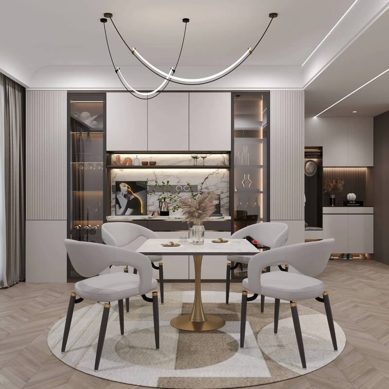 Bristol Square Marbled White MDF Wood Top and Gold Steel Pedestal Base Dining Table for Dining Rooms, Kitchens, and Restaurants