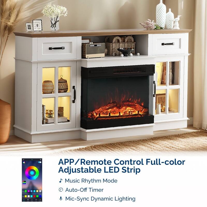 Farmhouse 58'' TV Stand For Tvs Up To 70'' With Electric Fireplace and Adjustable Shelves with Glass Door