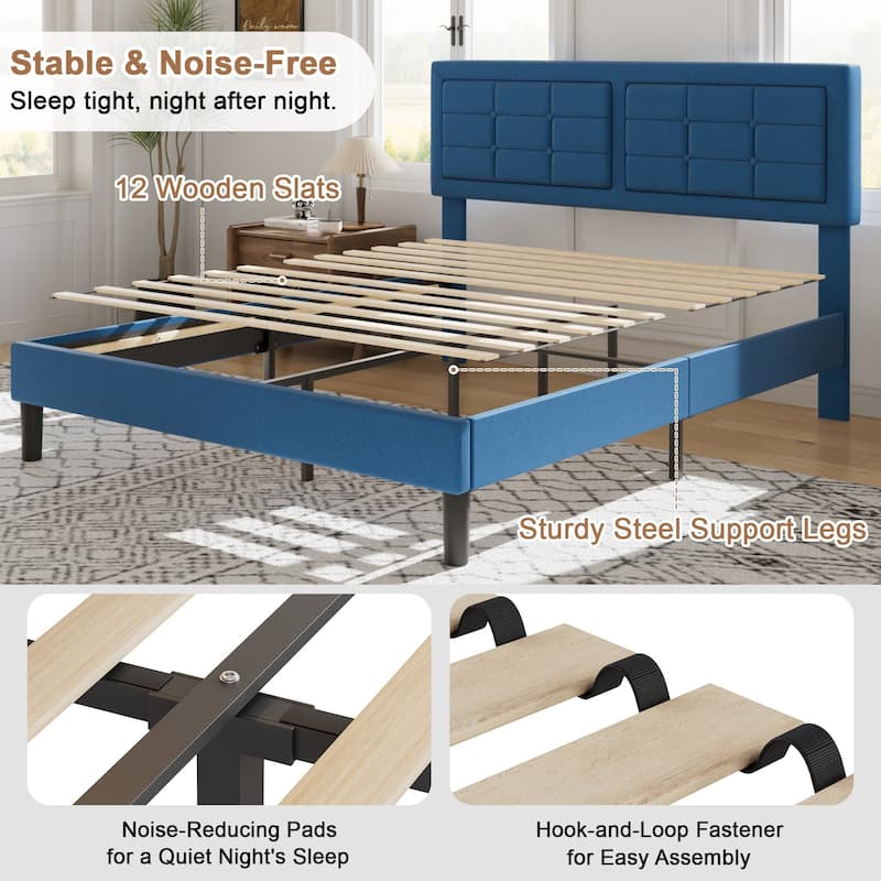 Javlergo Modern Upholstered Platform Bed Frame with Height Adjustable Tufted Headboard
