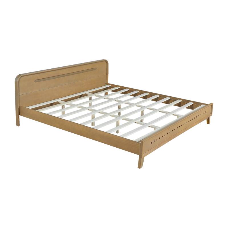 Pine Solid Wood Platform Bed with Headboard, Mid Century Bed Frame with Wood Slat Support