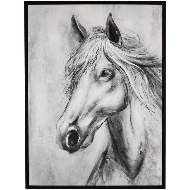 Black Canvas Hand Drawn Inspired Shaded Horse Framed Wall Art with White Background
